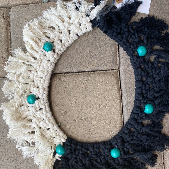 Mama Made USA Handmade macrame hat band natural and black w turquoise beads - Picture 4 of 4